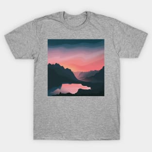 Warm Red Sunrise Beyond Hills Landscape Digital Illustration T-Shirt